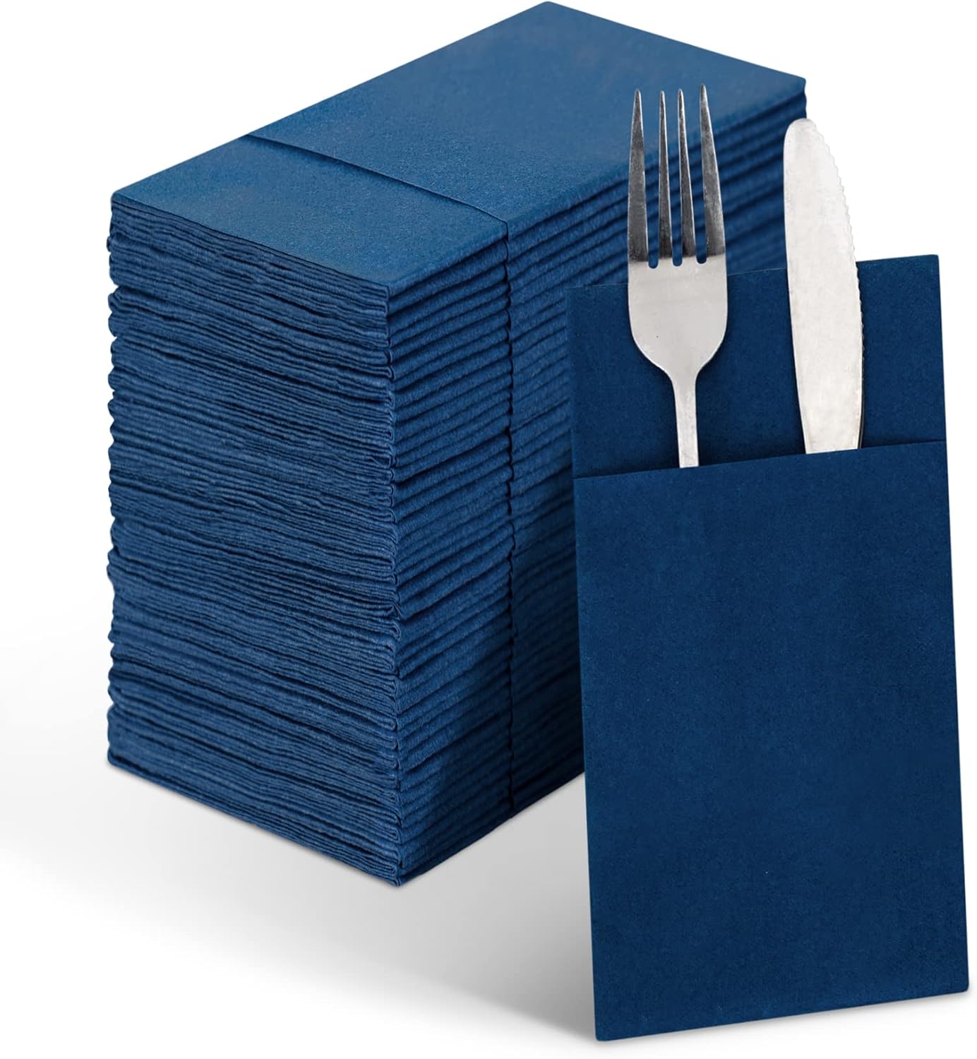 Linen-Feel Navy Blue Paper Napkins, 50 Pcs Cloth Like Dinner Napkins with Built-in Flatware Pocket, Pre-Folded Absorbent Disposable Guest Paper Hand Towels for Bathroom, Weddings Party