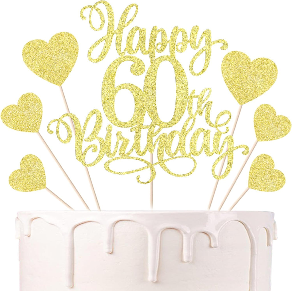 7PCS 60th Birthday Cake Topper Set - Gold Glitter Happy 60th Heart Cupcake Picks for 50th Birthday Party Decor for Men Women