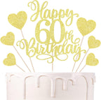 7PCS 60th Birthday Cake Topper Set - Gold Glitter Happy 60th Heart Cupcake Picks for 50th Birthday Party Decor for Men Women