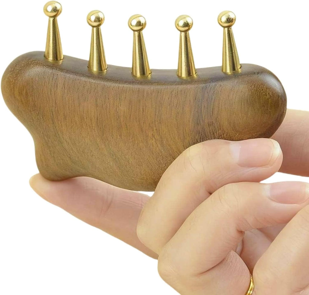 Sandalwood Meridian Massage Comb, 5 Copper Wide Tooth Design, Natural Wood Handle, for Scalp Acupuncture, Hair Growth, Body Relaxation, Travel Size