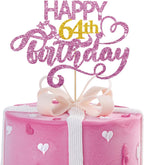Pink Glitter Happy 64th Birthday Cake Topper, 1 x 6.3" x 3.5" Sixty Four Years Old Birthday Party Cake Decor, Gold Number 64