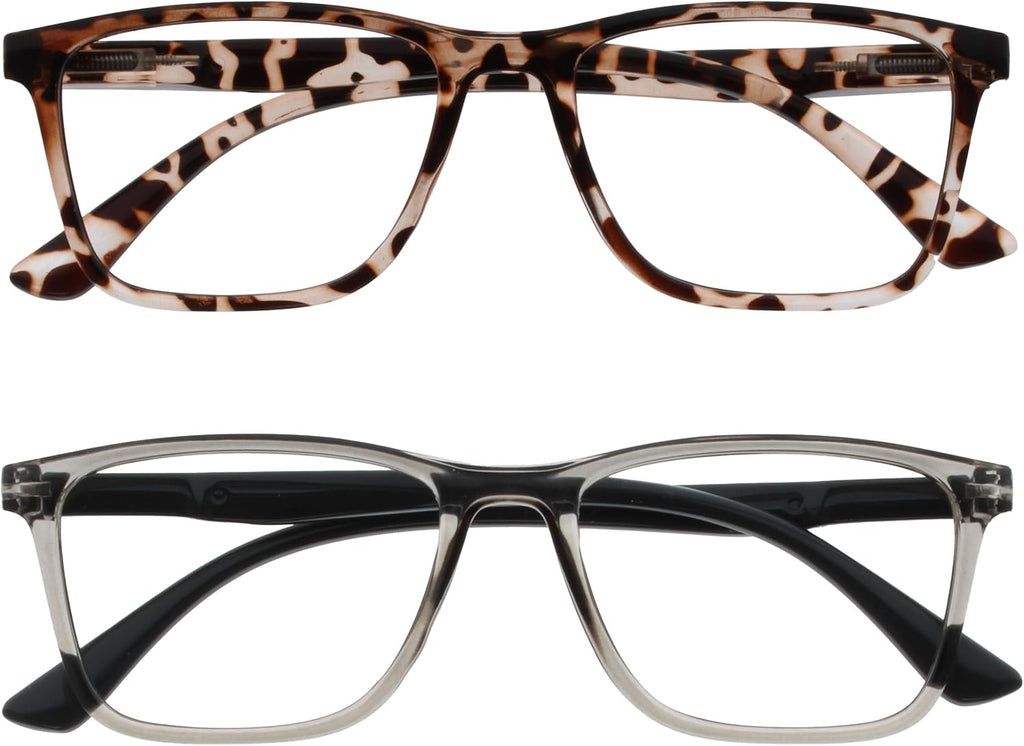 OPULIZE NYX Reading Glasses with Blue Light Blocking for Women Men, Rectangular Frame with UV & Eyestrain Protection, Anti-Glare Computer Gaming Glasses, Brown, Grey +2.0 (Pack of 2)