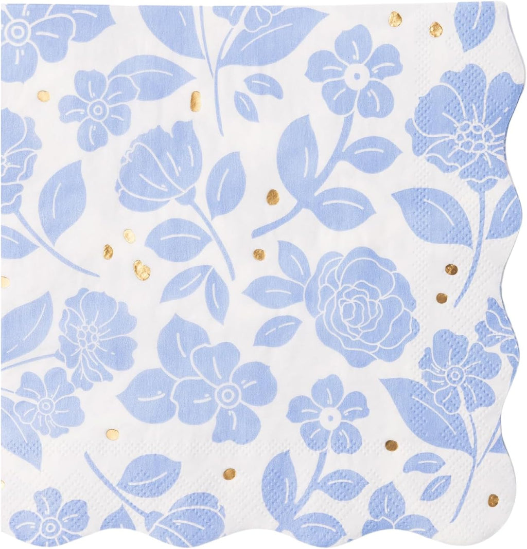 Bonjour Fête Light Blue Floral Large Paper Napkins | 3-Ply Luncheon Size with Gold Foil Accents | Elegant Tableware for Baby Showers, Spring Celebrations, Birthdays | Pack of 20, 6.5” Folded