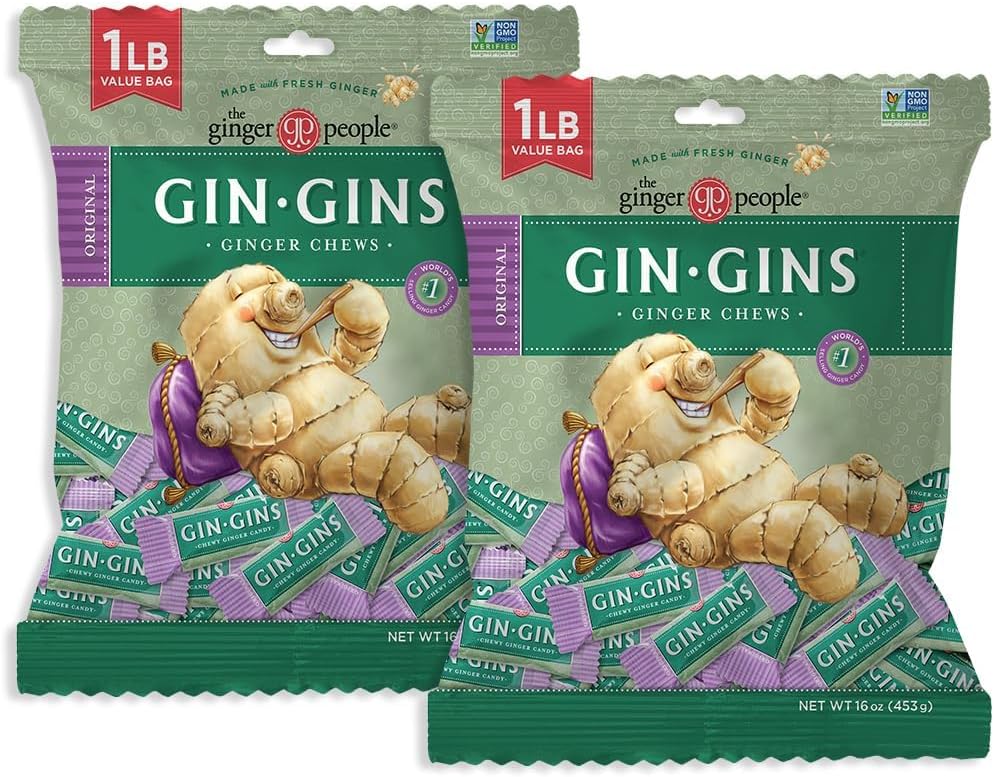 GIN GINS Original Ginger Chews – Natural Fresh Ginger Candy by The Ginger People – Individually Wrapped Healthy Candy – Original Flavor – Large 1 lb Bag (16oz) – Pack of 2
