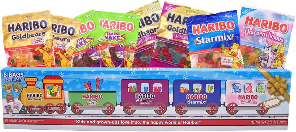 Haribo Holiday Train Assorted Gummy Bears & Candy, Holiday Candy Gift, Stocking Stuffer Gift, 8 Bags Included, 32 Ounces