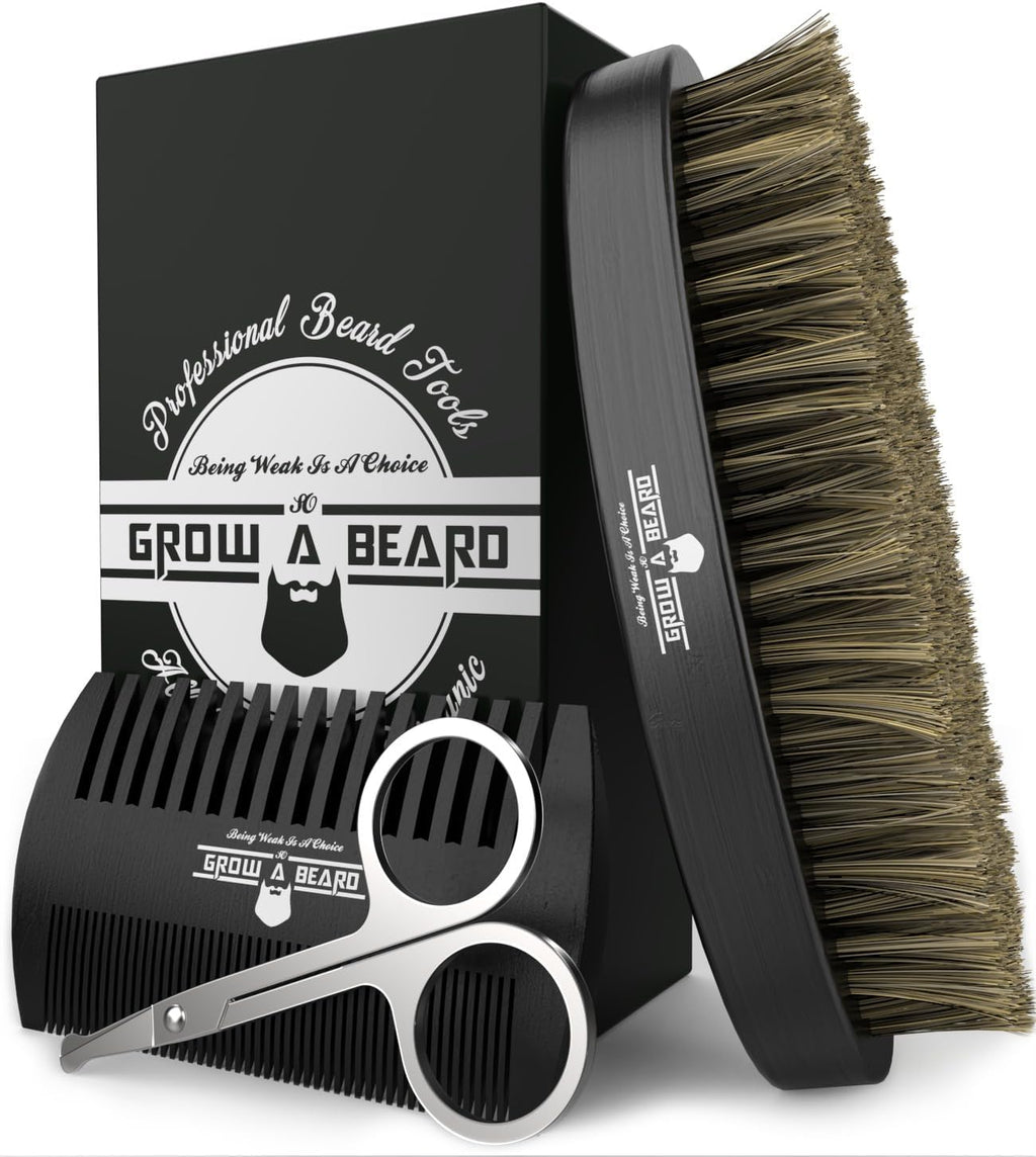 Beard Brush for Men with Beard & Mustache Comb Set, Beard Grooming & Care Kit, Natural Boar Bristle Brush, Dual Action Wood Comb, Stainless Steel Scissors, and Travel Bag, Great Fathers Day