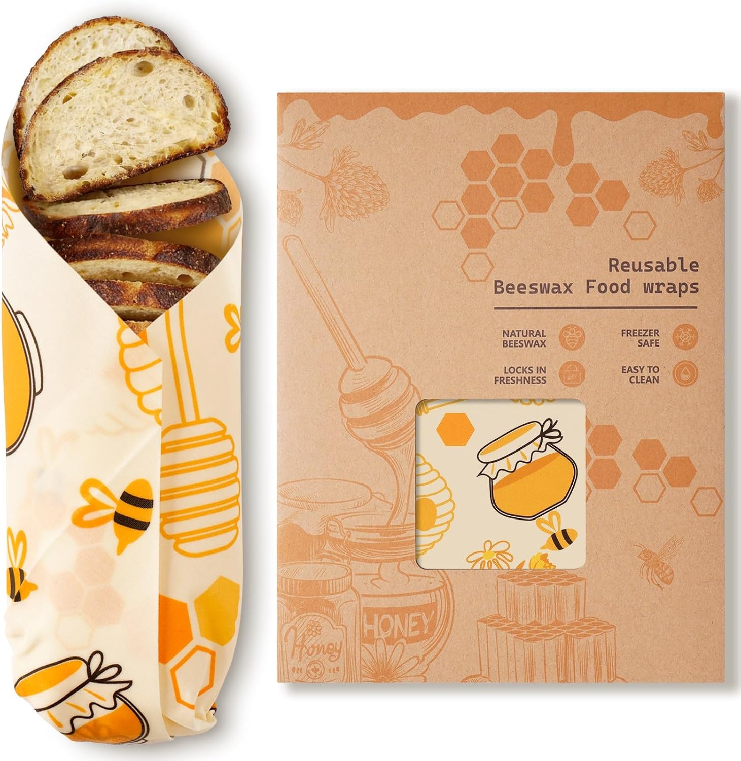 Beeswax Wraps for Food – Reusable Beeswax Bread Bag & Sandwich Wrap, Organic & Eco-Friendly & Sustainable Bees Paper, Perfect Alternative to Aluminum Foil Sourdough Storage & Plastic Wrap（Bee jar）
