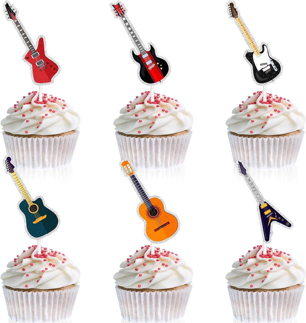18-Pcs Rock Guitar Happy Birthday Bass Instrumentalists Cupcake Toppers Set - Kids' rock theme party, concert, boys and girls birthday party, baby shower party Musical decoration - LIANGSS