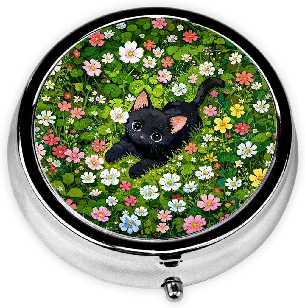 Garden Cat Pill Box 3 Compartment Small Pill Case,Portable for Pocket or Purse Pill Organizer Pill Container Holder with Mirror to Hold Vitamins, Medication, Fish Oil and Supplements