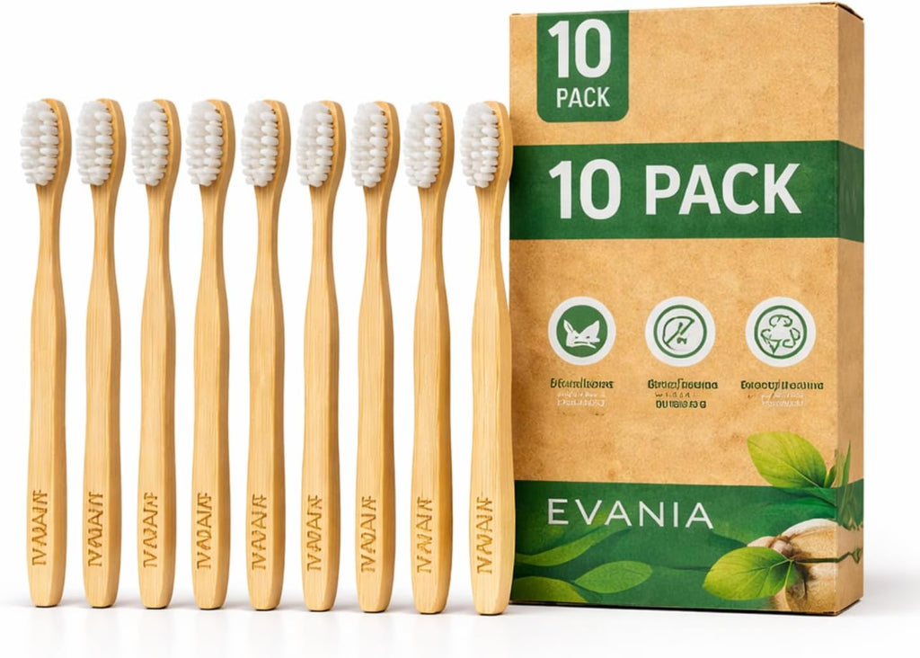 EVANIA Pure Wooden Bamboo Toothbrushes – 10 Pack – BPA-Free Soft Bristles, Natural Wooden Handle, Eco-Friendly, Biodegradable, Vegan & Non-Toxic – Sustainable Oral Care for Adults & Kids
