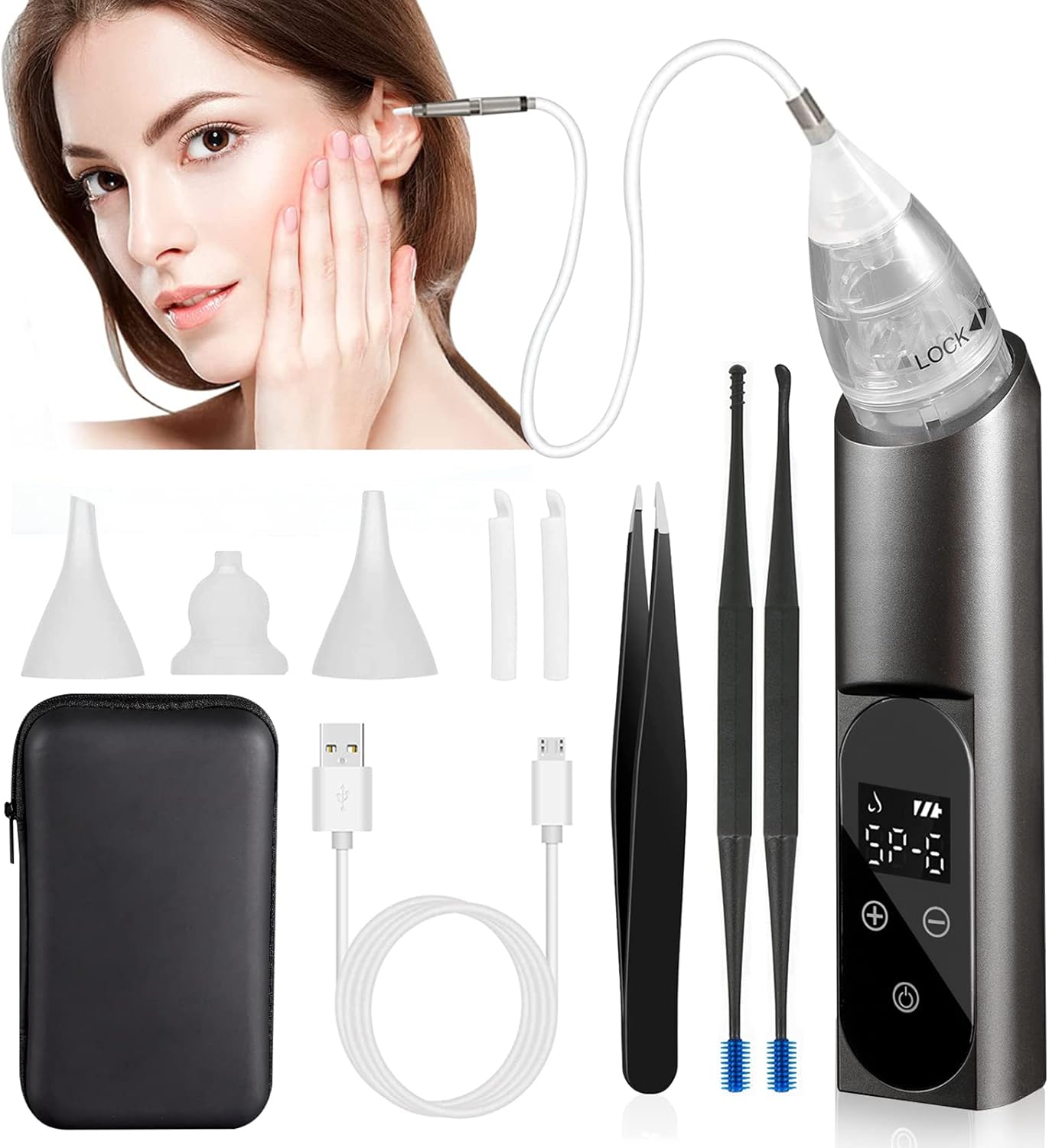 Ear Wax Vacuum Removal Kit with Carrying Case, 6 Levels Electric Strong Suction Ear Wax Remover, USB Charge Ear Wax Vacuum Cleaner, Ear Wax Suction Remover Device for Adults and Kids (Black)
