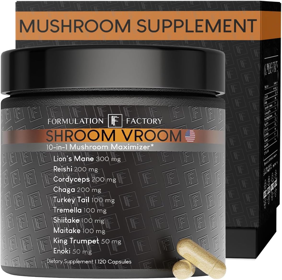 Formulation Factory Mushroom Supplement - Shroom Vroom 10-in-1 Mushroom Complex with Lion's Mane, Cordyceps & Turkey Tail - Brain Focus & Energy Capsules - 120 Capsules, 2 Month Supply
