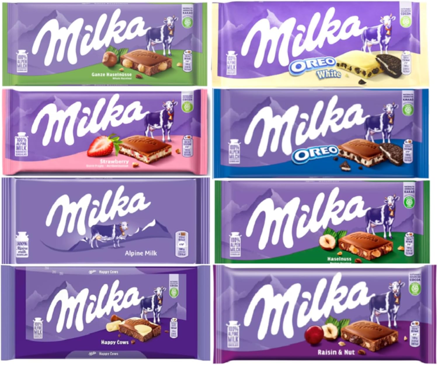 Milka European Chocolate Bars Variety Pack of 8 Full Size Bars, No Duplicate Chocolate
