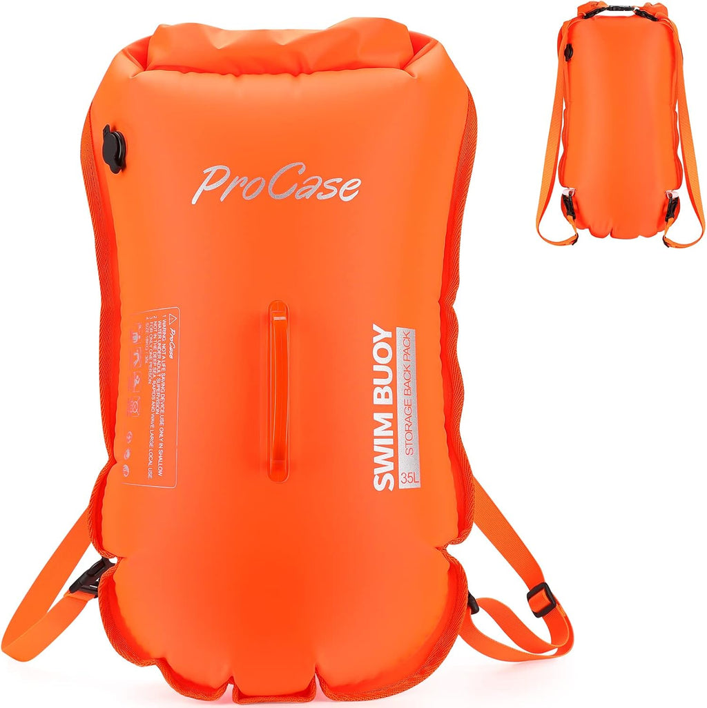 ProCase 35L Swim Buoy Dry Bag, Floating Waterproof Backpack with Shoulder Waist Strap for Open Water Swimming Paddling Boating Kayaking Rafting Hiking Camping Fishing Beach -Orange