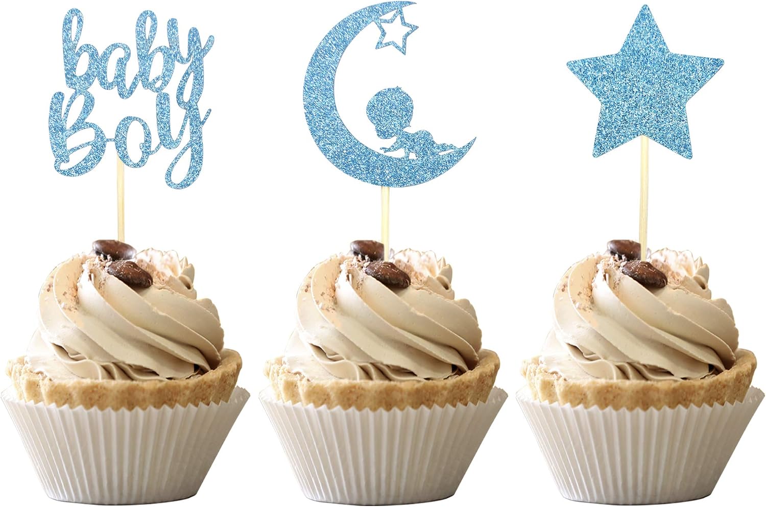 24 PCS Baby Shower Boy Cupcake Toppers with Moon Star Blue Glitter Cupcake Picks Boys Birthday Party Supplies