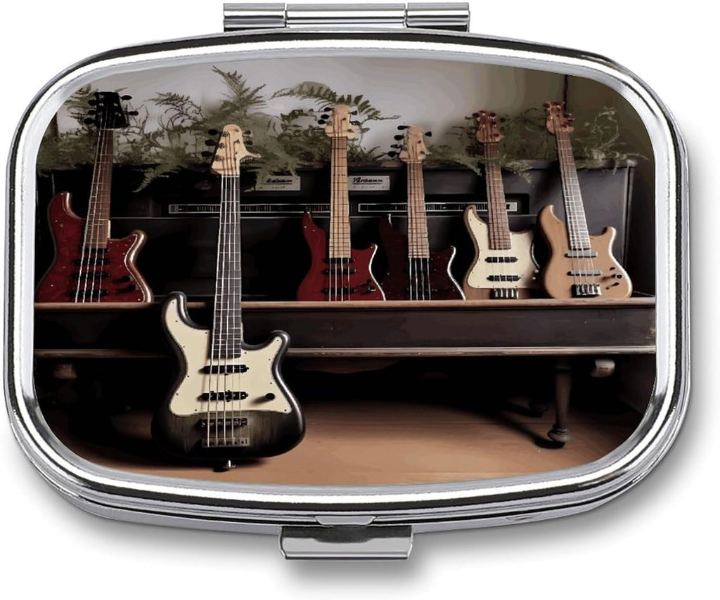 Guitar Bass Music Musical Instruments Pill Case,2 Compartment Small Pill Box Metal Portable Medicine Box Mini Medication Organizer Storage Travel Organizer for Pocket Purse