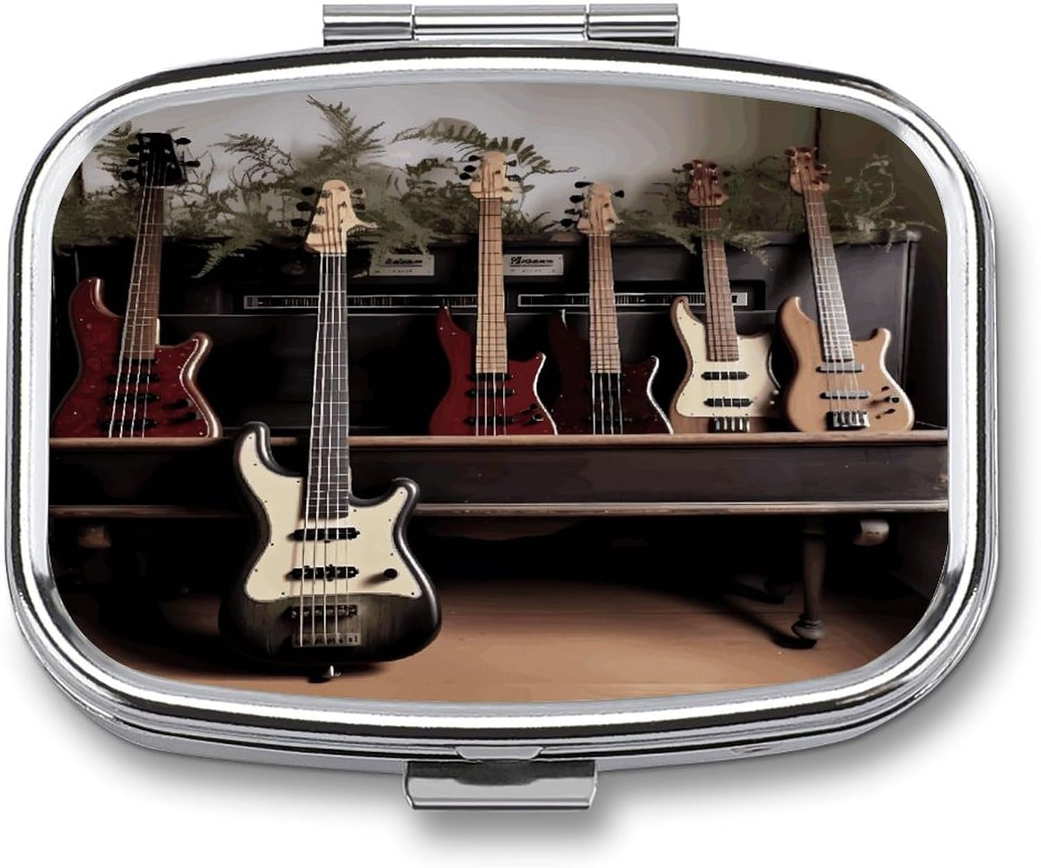 Guitar Bass Music Musical Instruments Pill Case,2 Compartment Small Pill Box Metal Portable Medicine Box Mini Medication Organizer Storage Travel Organizer for Pocket Purse