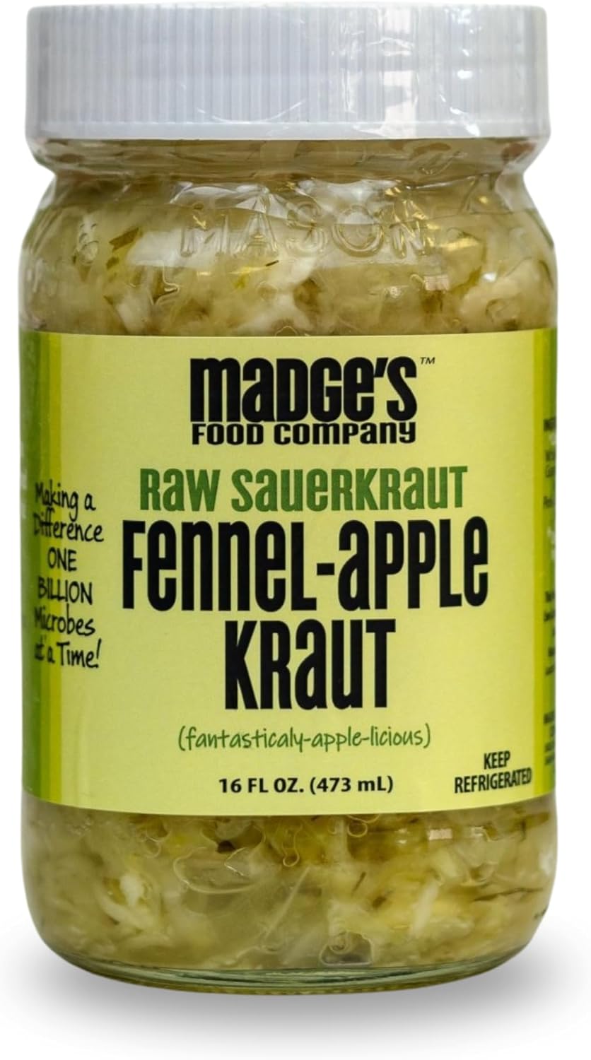 Madge's Rueben Sauerkraut | Raw unpastuerized | Probiotics enriched | Made with Organic ingredients, Pink Salt, gut healthy packed in glass jar 15 oz (Fennel Apple)