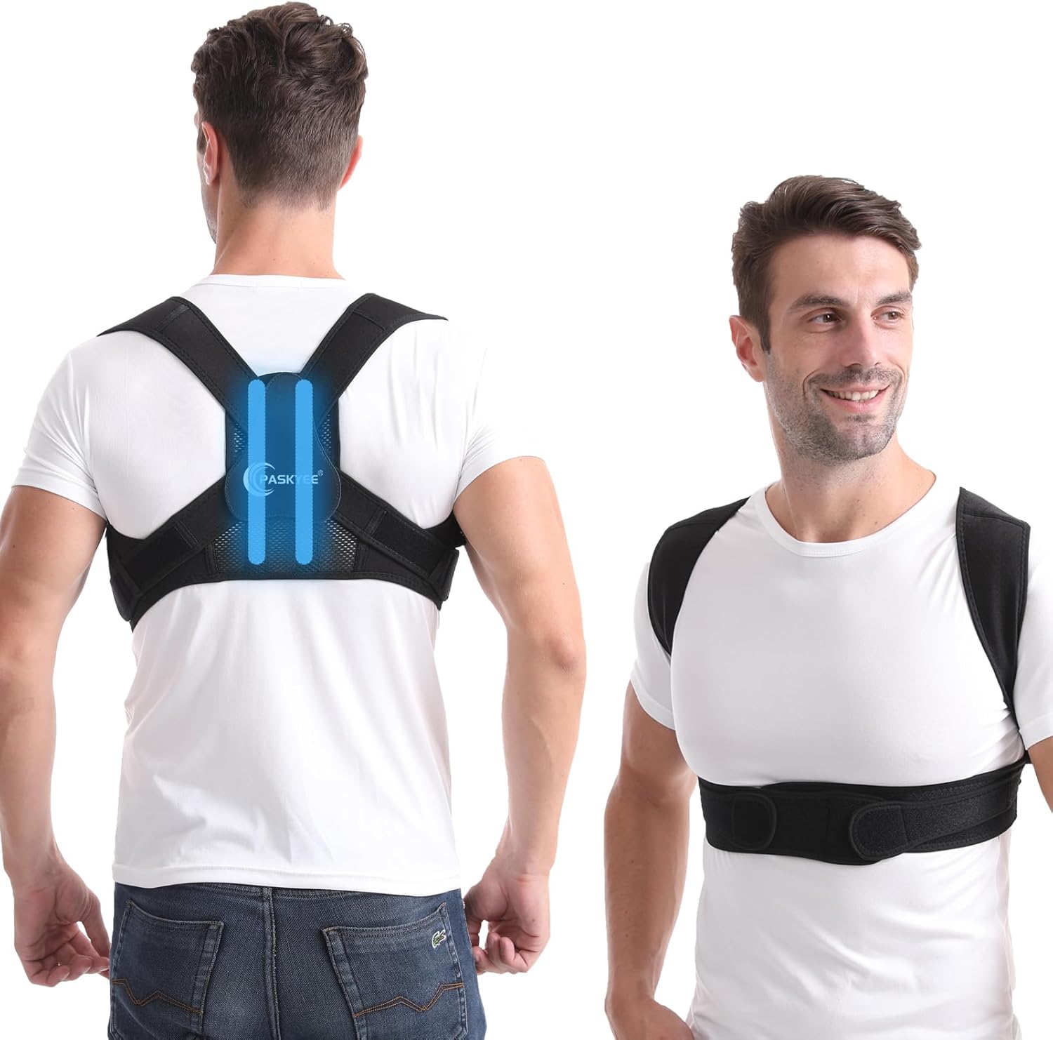 Paskyee Posture Corrector for Women and Men, Adjustable Back Brace for Neck, Shoulder, and Upper Back Pain Relief, Back Straightener for Clavicle Support Black S/M