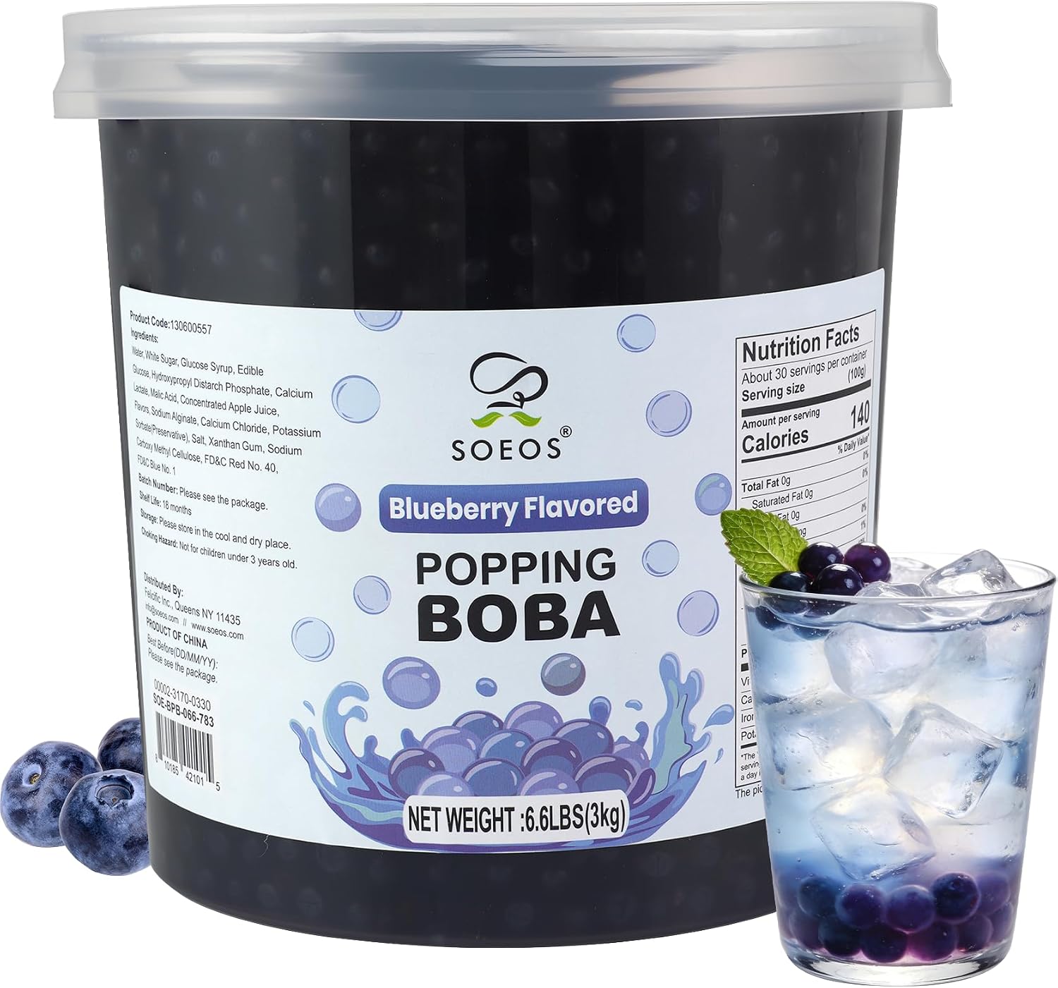 Soeos Blueberry Popping Boba, 6.6 lbs (3Kg), Bursting Boba Pearls for Bubble Tea, Beverages, Shakes, Desserts, Smoothie and Ice Cream Topping, Ready to Serve