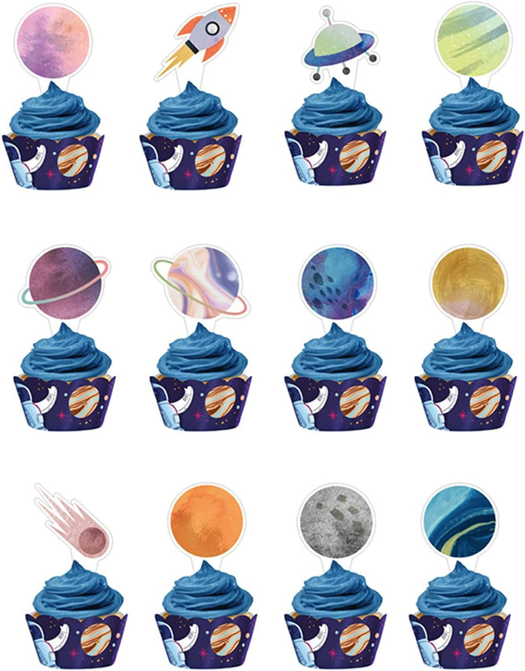 Cupcake Toppers 24PCS Cake Topper Outer Space Rocket Galaxy Universe Planets Cake Decorations Supplies Favors,Cake Picks For Kids Birthday Party Baby Shower