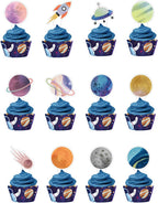 Cupcake Toppers 24PCS Cake Topper Outer Space Rocket Galaxy Universe Planets Cake Decorations Supplies Favors,Cake Picks For Kids Birthday Party Baby Shower