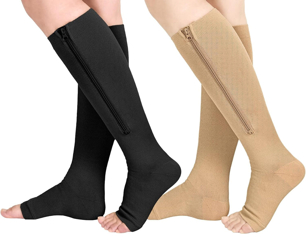 Athbavib 2 Pairs Compression Socks for Women & Men with Zipper 15-20 mmhg, Wide Calf Open Toe Plus Size Compression Socks Men, Knee High Compression Stockings for Flying Nurses Pregnant Women Travel