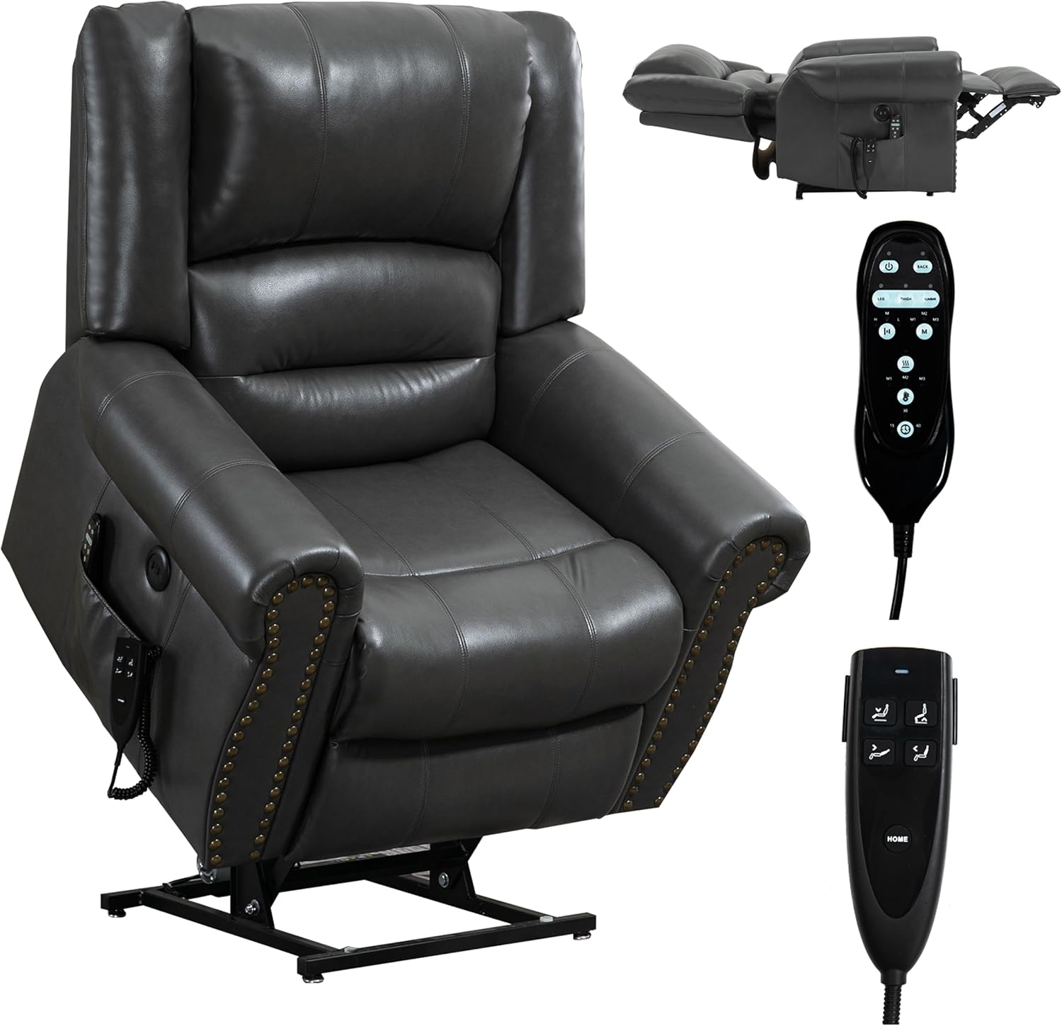 Dual Motor Power Lift Chair, Lay Flat Recliner Chair, Electric Recliner with Massage and Heat for Elderly, Remote Control, Infinite Position, Standing Assistance, USB Ports (Grey, Breathable Leather)