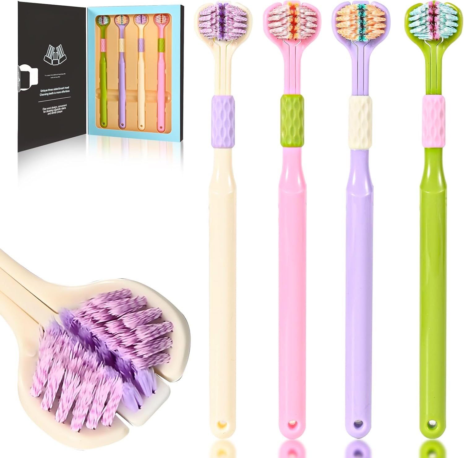 4-Pack Medium Toothbrush Set, Bulk Toothbrushes for Kids & Adults with Special Needs, Multi-Angle Cleaning, Medium Soft Bristles, White, Pink, Green, Purple