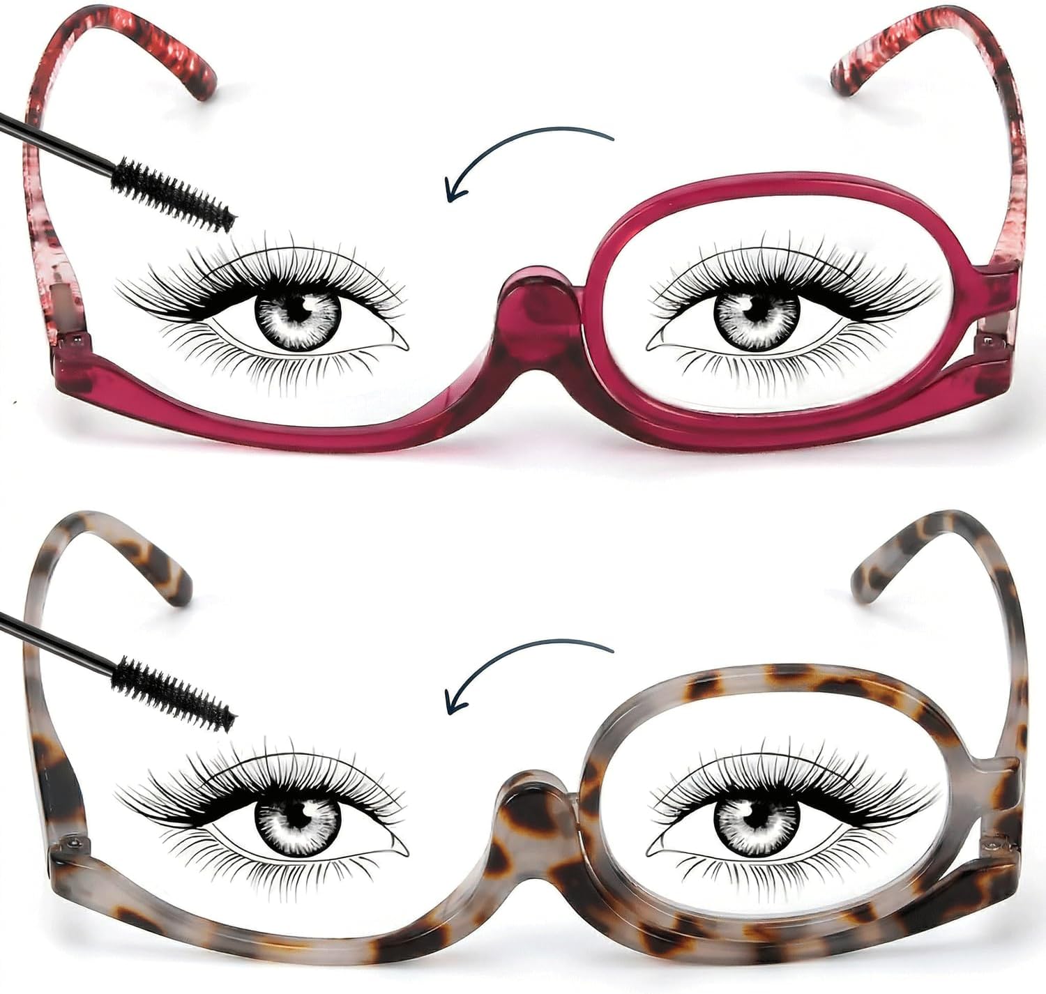 SEEKEY 2 Pairs Makeup Reading Glasses for Women, Flip Down Rotating Cosmetic Lenses, Makeup Readers with Spring Hinge