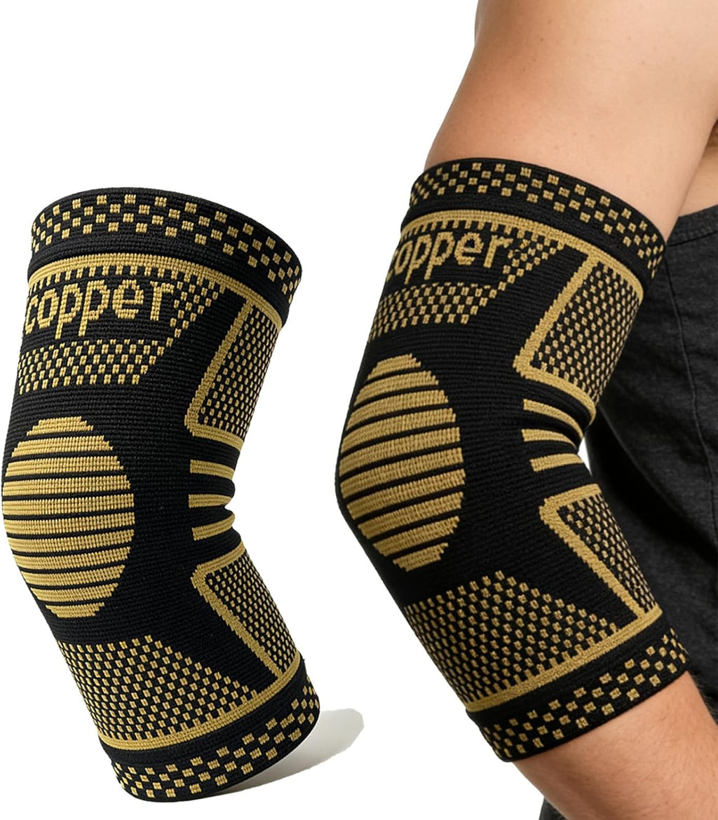 Copper Elbow Compression Sleeve, Tennis Elbow Brace for Men and Women, 4-Way Stretch, Pain Relief, Recovery, Arthritis, Tendonitis, Bursitis (Black-Copper, Medium)