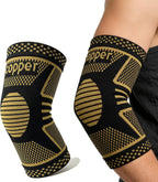 Copper Elbow Compression Sleeve, Tennis Elbow Brace for Men and Women, 4-Way Stretch, Pain Relief, Recovery, Arthritis, Tendonitis, Bursitis (Black-Copper, Medium)