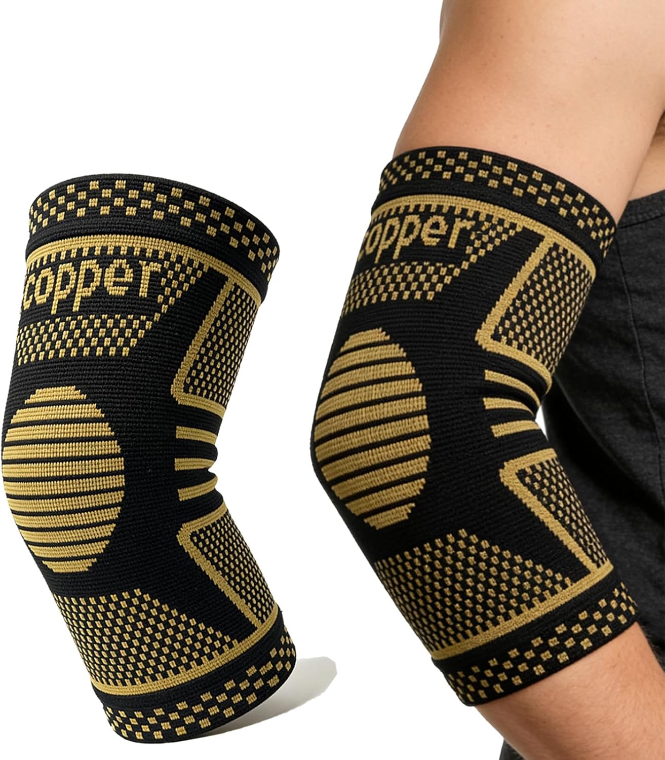 Copper Elbow Compression Sleeve, Tennis Elbow Brace for Men and Women, 4-Way Stretch, Pain Relief, Recovery, Arthritis, Tendonitis, Bursitis (Black-Copper, Medium)