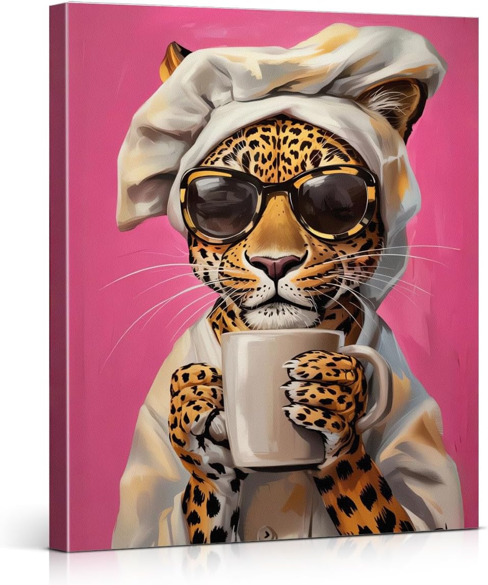Trendy Leopard Pink Wall Art Print Fashion Leopard Drinking Coffee Poster Picture Modern Animal Wall Decor for Home Kitchen Dining Room Cafe 8x10 Canvas Framed