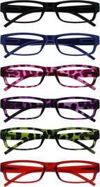 OPULIZE ACE Reading Glasses for Women Men, Lightweight Comfortable Narrow Rectangular Frame with Spring Hinges, Scratch Resistant, Black Blue Pink Purple Green Red +1.50 (Pack of 6)