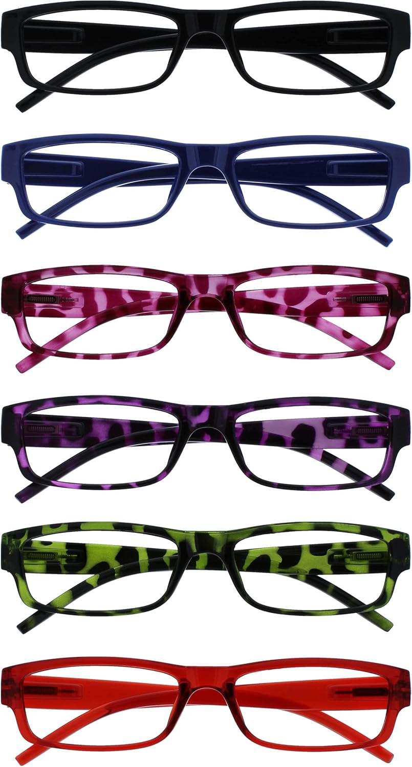 OPULIZE ACE Reading Glasses for Women Men, Lightweight Comfortable Narrow Rectangular Frame with Spring Hinges, Scratch Resistant, Black Blue Pink Purple Green Red +1.50 (Pack of 6)