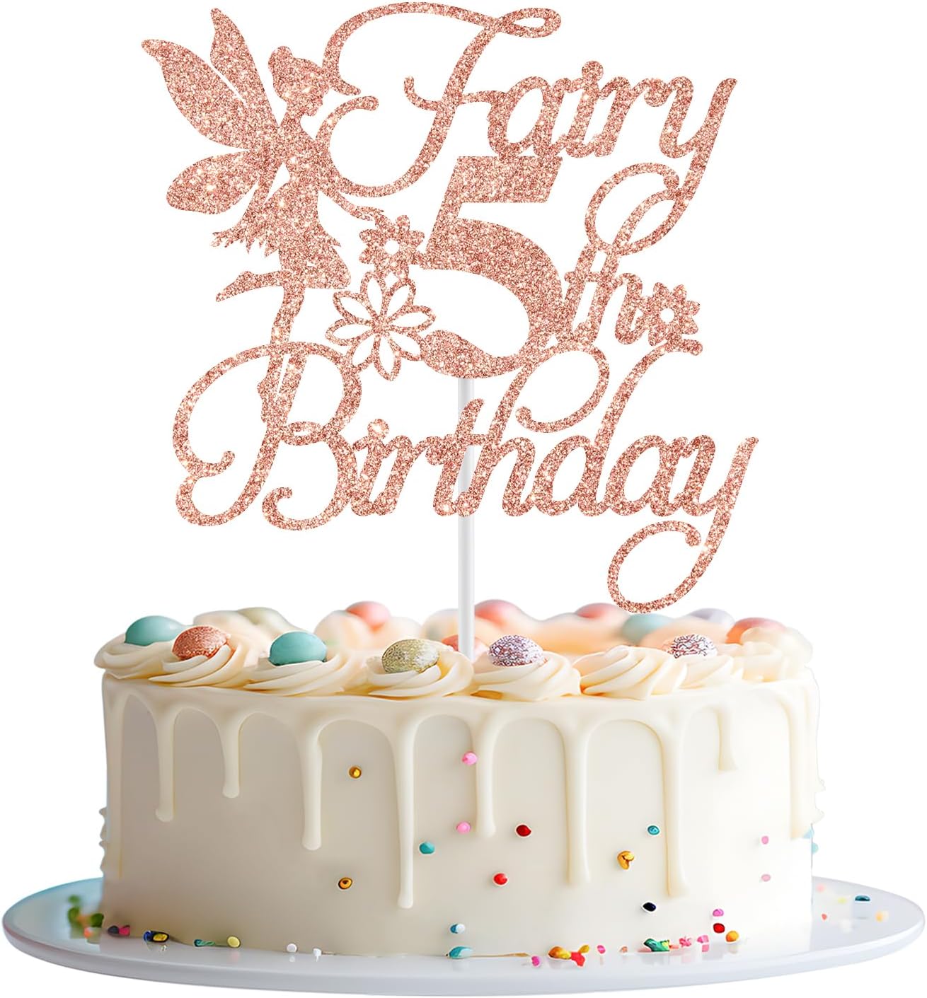 Fairy 5th Birthday Cake Topper, Fairy Happy 5th Birthday Decorations, Girls Five Bday Cake Decor, Floral Fairy Bday Party Decorations, Rose Gold Glitter