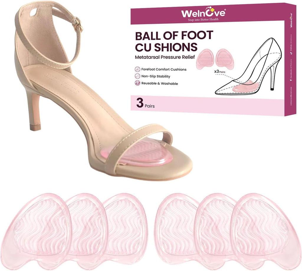 Foot Pads for Heels (3 Pairs): Ball of Foot Cushion for Women, Anti-Slip Metatarsal Pads for Pain Relief, Gel Forefoot Cushions for High Heels