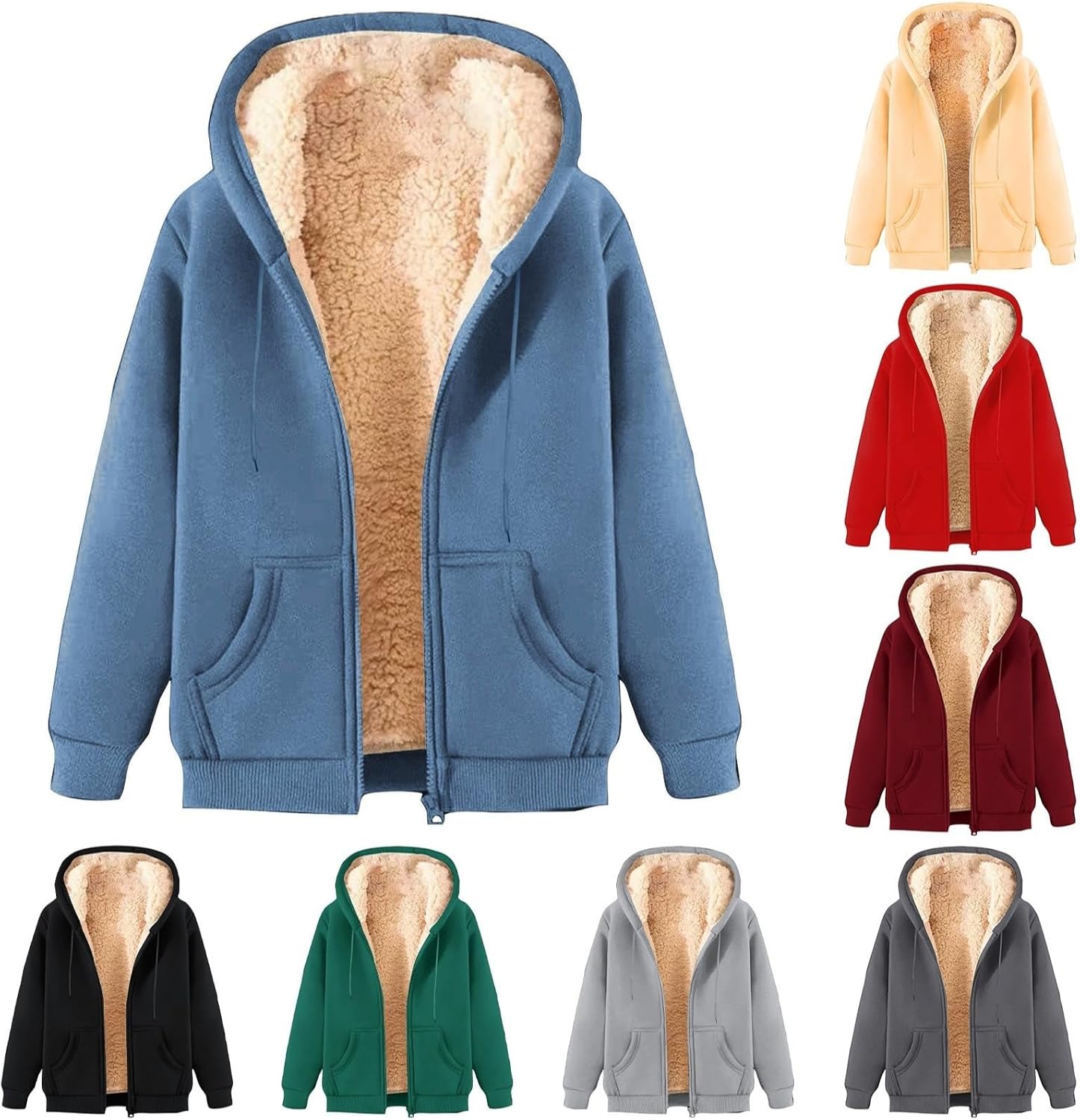 Fleece Jacket Men Sherpa Lined Hooded Sweatshirt Winter Full Zip Warm Hoodie Long Sleeve Thick Coat with Pockets