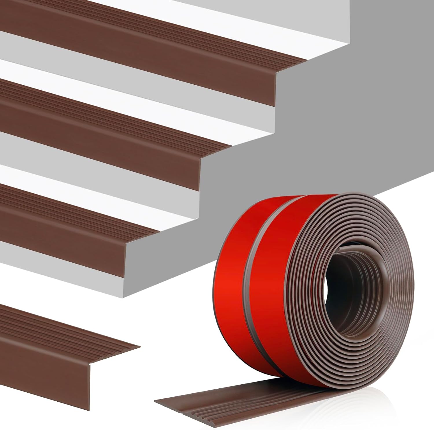 Stair Edge Trim Self Adhesive Vinyl Stair Nosing Molding Trim Non-Slip Rubber Nose Protector Peel and Stick Anti-Slip Edging for Indoor & Outdoor Use (Brown, 4 in x 3.3 Ft)
