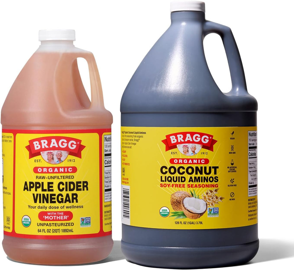 Bragg Organic Apple Cider Vinegar 64oz with the Mother + Bragg Organic Coconut Liquid Aminos Seasoning 128oz