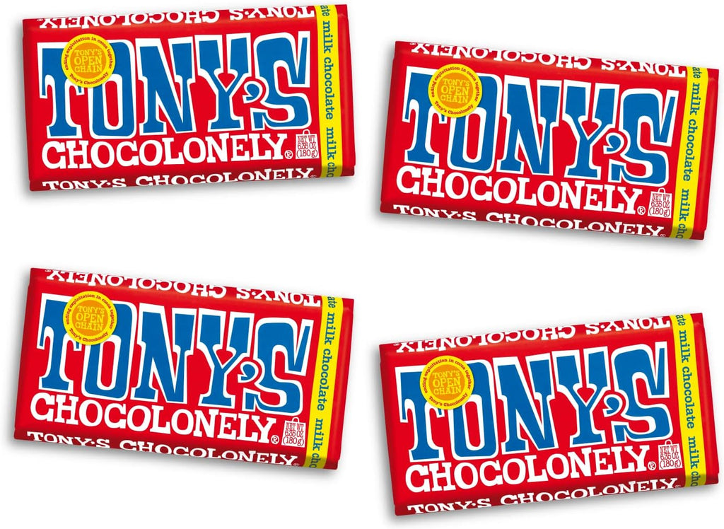 Tony’s Chocolonely Belgian Milk Chocolate Candy Bar, Pure Chocolate Bars for Snacks, Party Favors, Gifts, or Gift Basket, 32% Cacao, Made From Quality Fairtrade Cocoa, 4 Bars, 6.35 Oz Each