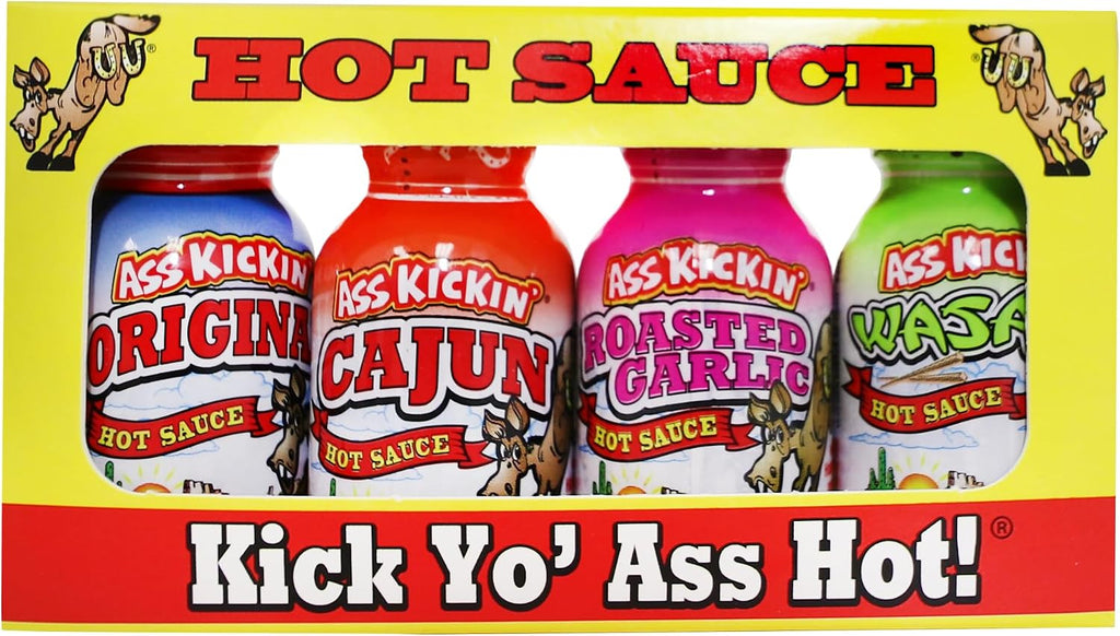 ASS KICKIN' Premium Hot Sauce Bottles Gourmet Gift Set Travel Size – .75 oz. 4 Pack - Try if you dare! – Perfect Gourmet Christmas Gifts for the Hot Sauce Fan