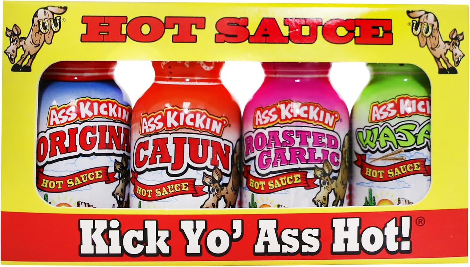 ASS KICKIN' Premium Hot Sauce Bottles Gourmet Gift Set Travel Size – .75 oz. 4 Pack - Try if you dare! – Perfect Gourmet Christmas Gifts for the Hot Sauce Fan