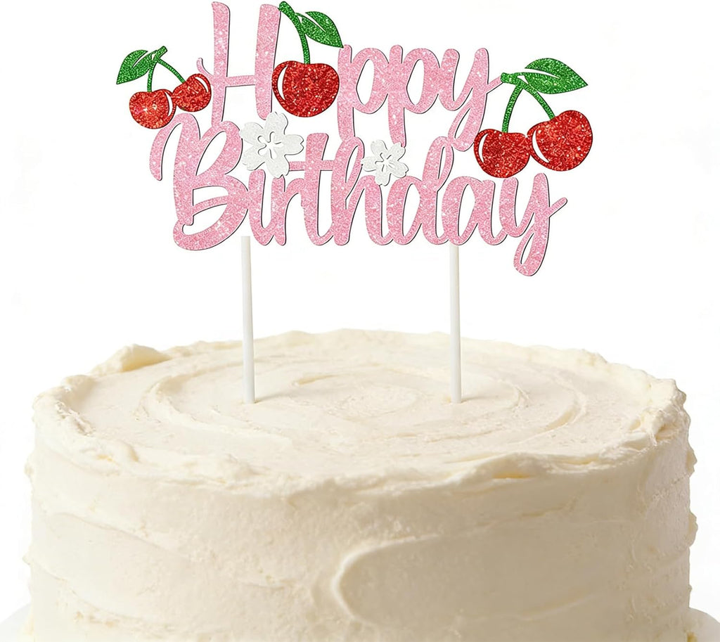 Pink Glitter Cherry Happy Birthday Cake Topper Party Decorations for Kids Baby Showers, Cherry Themed Parties Happy Birthday Celebrations for Cake Decor Enthusiasts