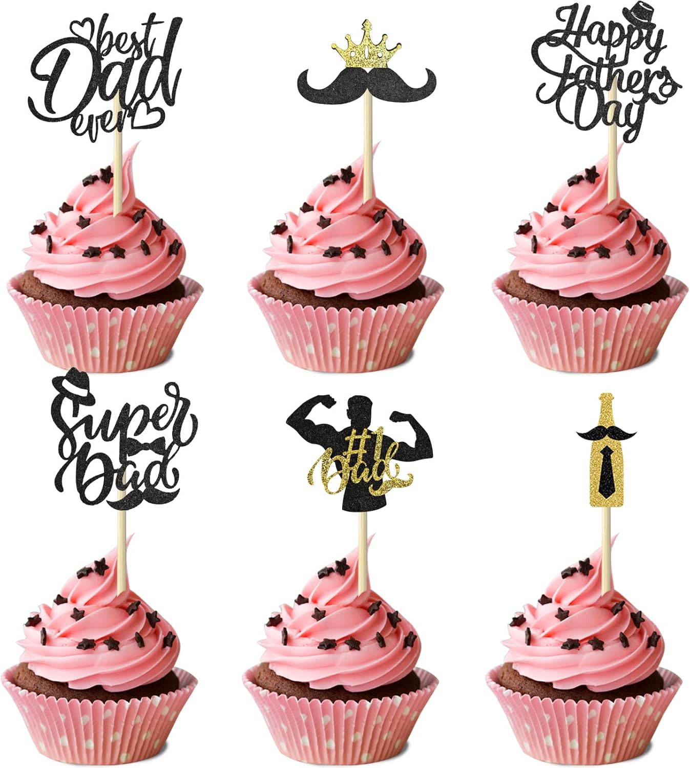 Happy Fathers Day Cake Toppers 36pcs Glitter Cupcake Toppers Super Dad Mustache Cake Decorations for Fathers' Day Birthday Party