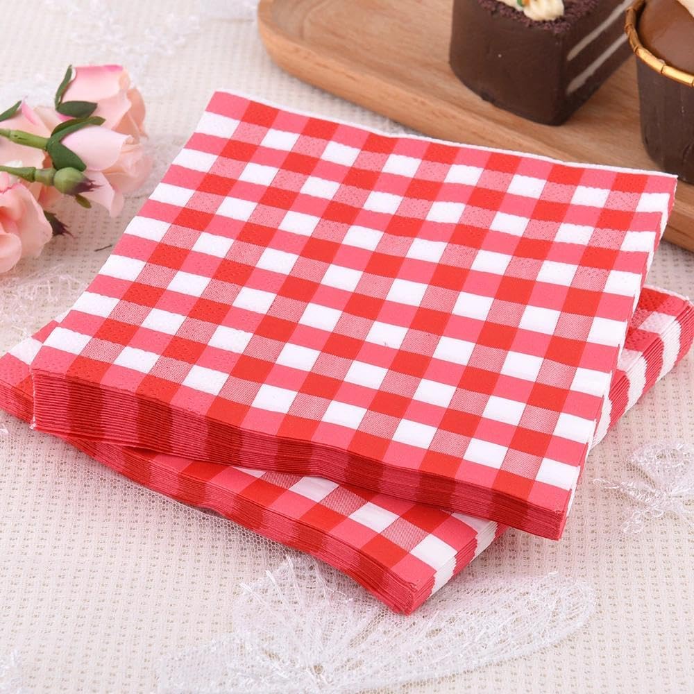 Paper Napkins Disposable Red Checkered Napkins Everyday Red White Gingham Dinner Napkin Cocktail Beverage Napkin for Lunch Picnic BBQ Christmas Halloween Birthday Party Decoration Supplies 40PCS