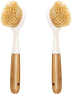 2 Pack Kitchen Dish Brush Bamboo Handle Dish Scrubber Built-in Scraper, Scrub Brush for Pans, Pots, Kitchen Sink Cleaning, Dishwashing and Cleaning Brushes are Perfect Cleaning Tools, White
