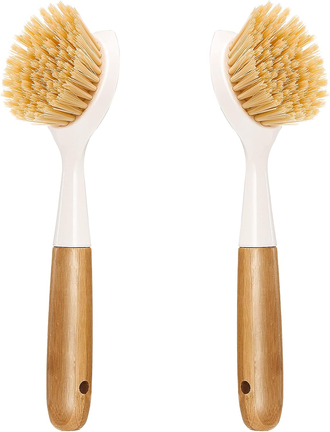 2 Pack Kitchen Dish Brush Bamboo Handle Dish Scrubber Built-in Scraper, Scrub Brush for Pans, Pots, Kitchen Sink Cleaning, Dishwashing and Cleaning Brushes are Perfect Cleaning Tools, White
