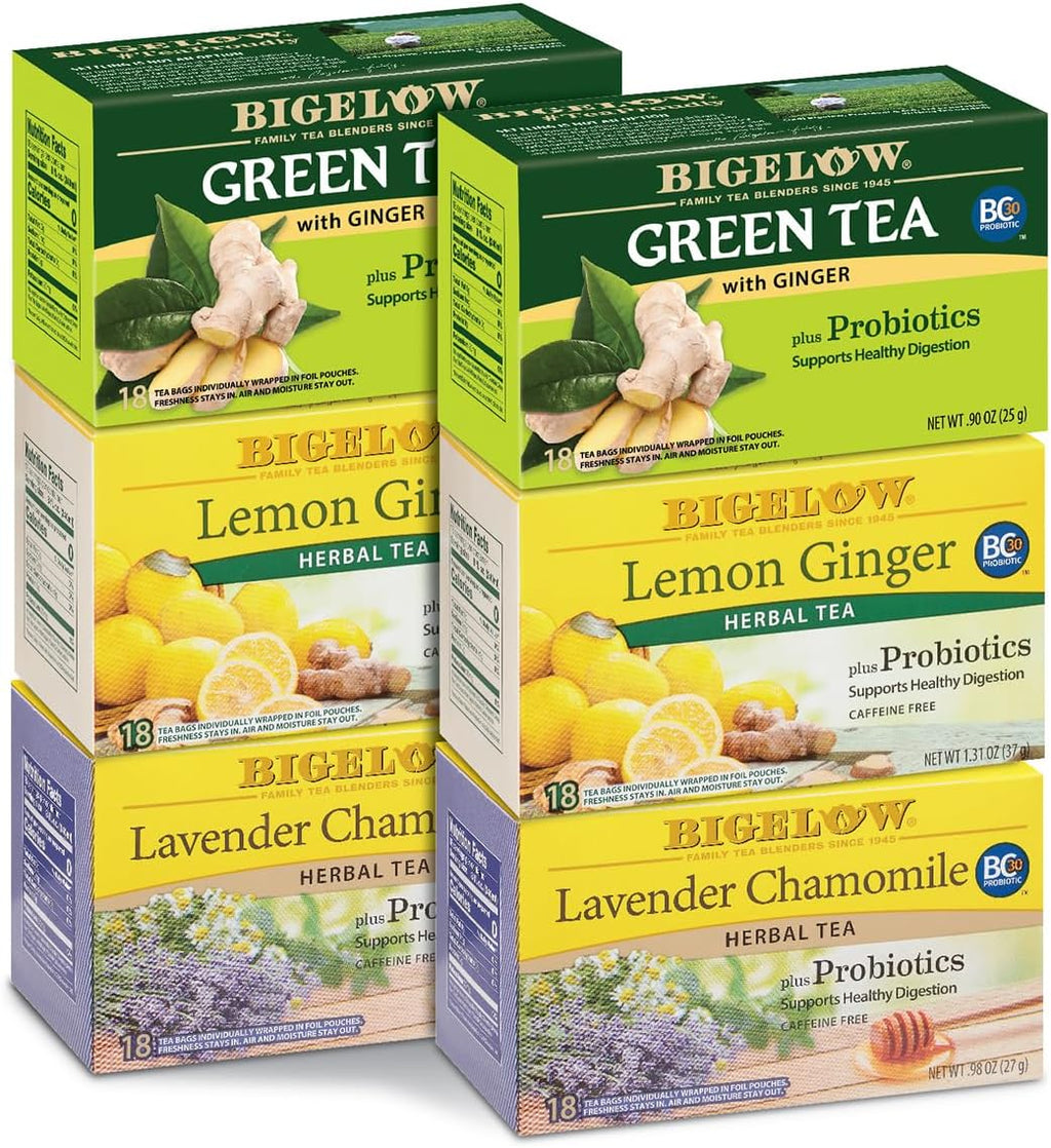 Bigelow Tea Probiotic 3 Flavor Tea Variety Pack, Caffeinated and Caffeine Free Green Tea Bags and Herbal Tea Bags, 18 Count Box (Pack of 6), 108 Total Tea Bags